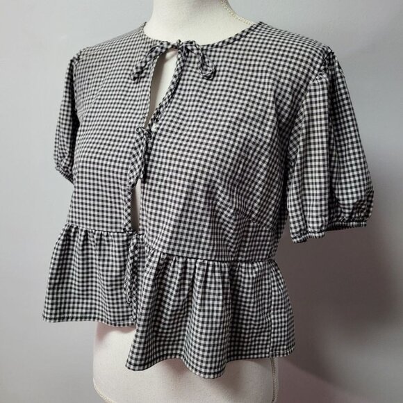 Wild Fable Tie Front Top Blouse Black White Checkered Womens Small Cropped - Picture 2 of 9